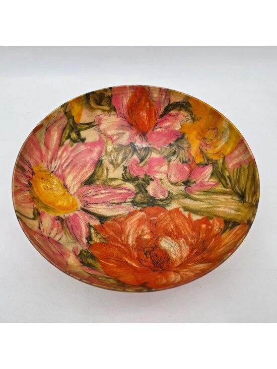 MCM Fiberglass Bowl 11" Diameter Floral Pink Orange Design Vibrant Groovy - Picture 2 of 9